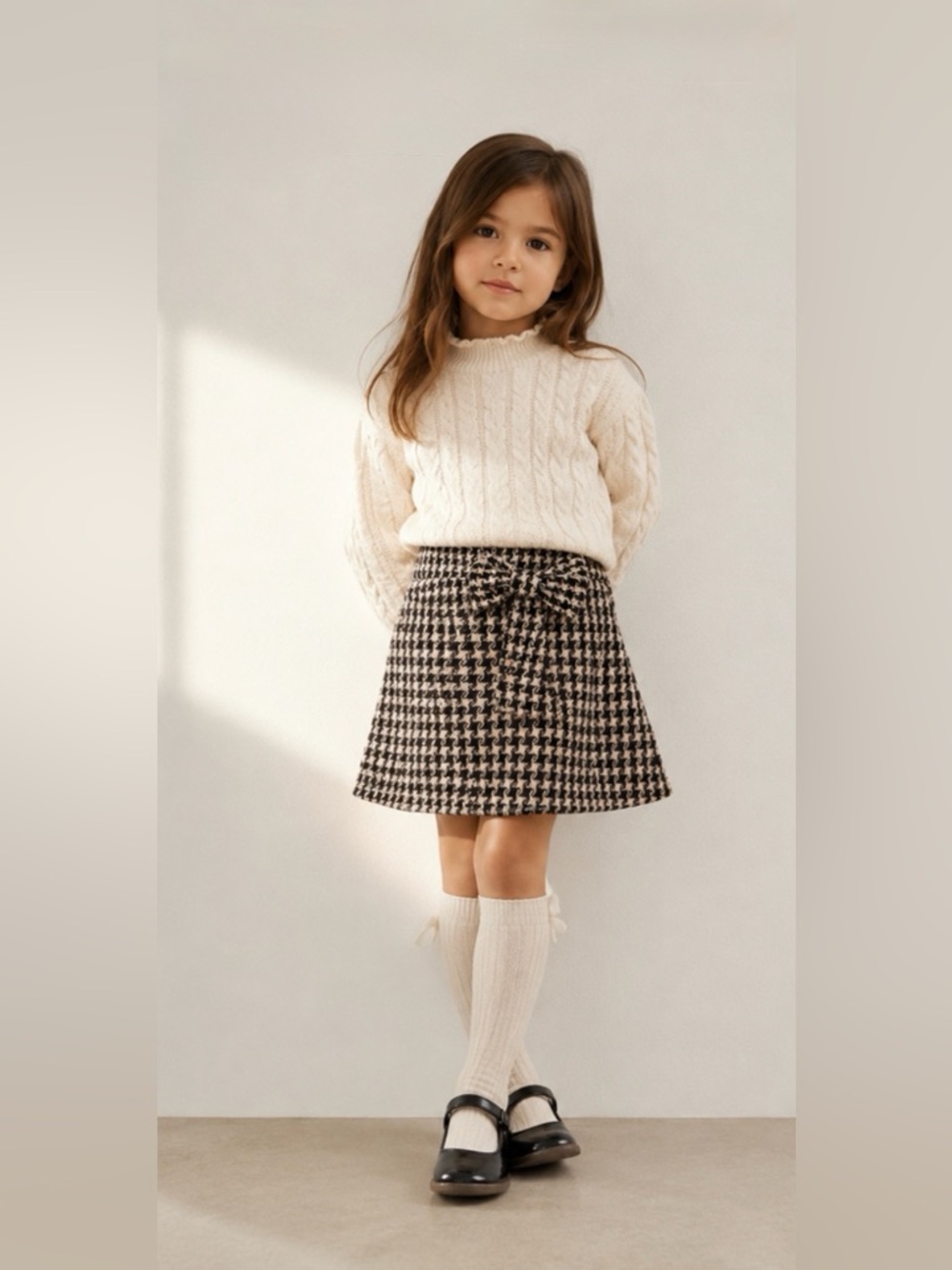 Adorable Girls Knit Houndstooth Skirt w Bow Preppy Chic
